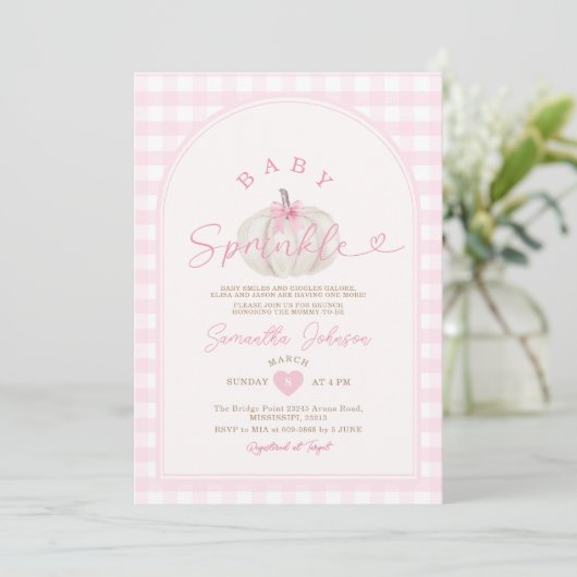 Baby Sprinkle Pink Gingham White Pumpkin Kaart (Staand voorkant)