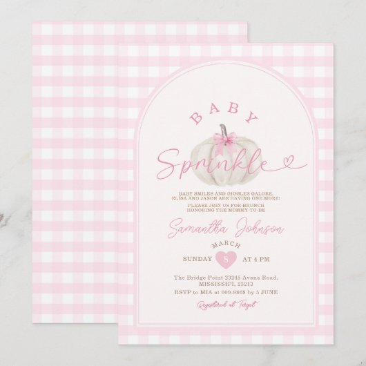 Baby Sprinkle Pink Gingham White Pumpkin Kaart (Voorkant / Achterkant)