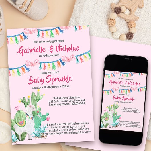 Baby Sprinkle Pink Llama Baby shower Kaart