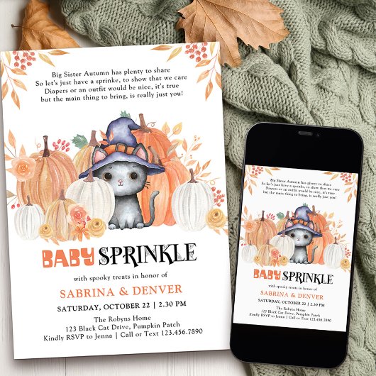 Baby Sprinkle Poem Cat in Witch Pet Baby shower Kaart