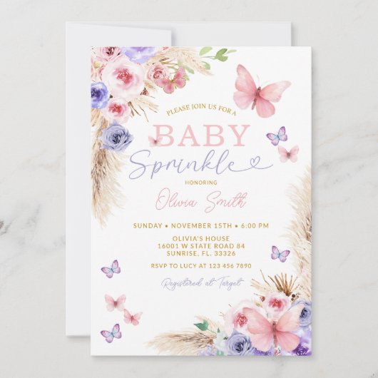Baby Sprinkle Roze Paarse Vlinders Kaart (Voorkant)