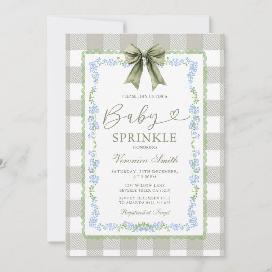 Baby Sprinkle Sage Gingham Floral Bow Invitation  Kaart (Voorkant)