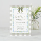 Baby Sprinkle Sage Gingham Floral Bow Invitation  Kaart (Staand voorkant)