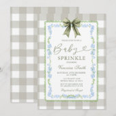 Baby Sprinkle Sage Gingham Floral Bow Invitation  Kaart (Voorkant / Achterkant)