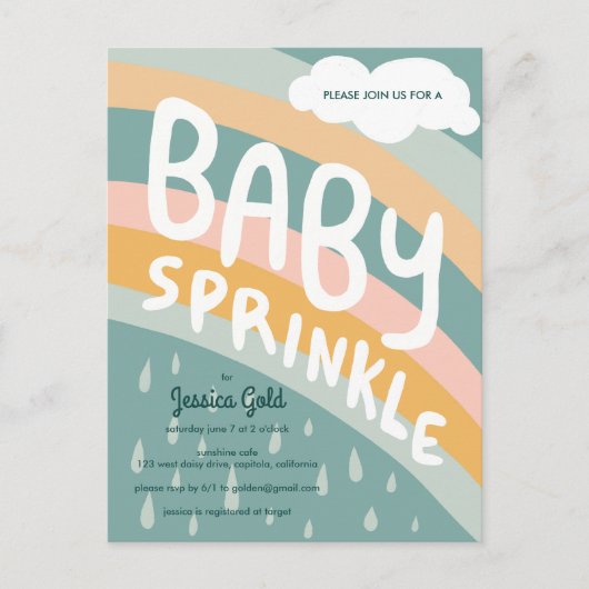 BABY SPRINKLE Schattigee Wolken Regenboog Regen Aa Uitnodiging Briefkaart (Voorkant)