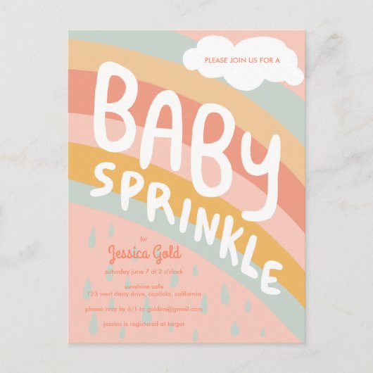 BABY SPRINKLE Schattigee Wolken Regenboog Regen Aa Uitnodiging Briefkaart (Voorkant)