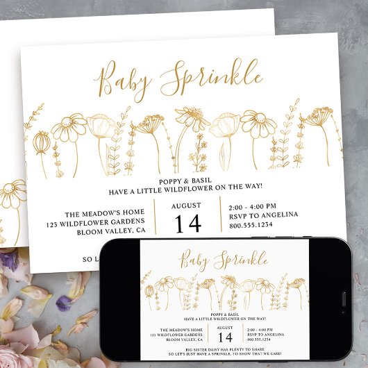 Baby Sprinkle Wildflower Gold Sketch Baby shower Kaart