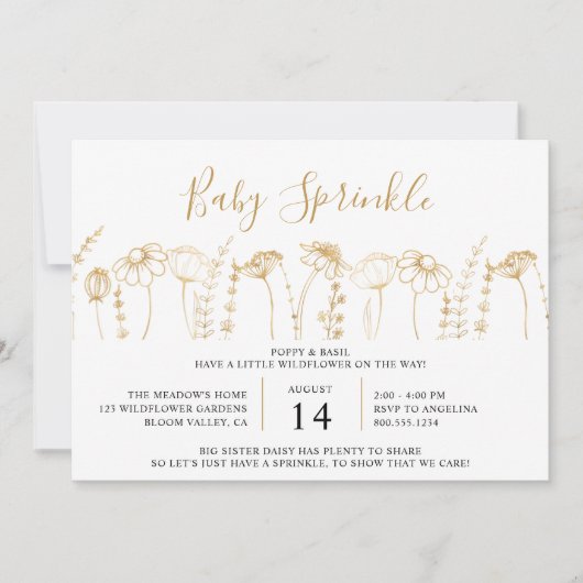 Baby Sprinkle Wildflower Gold Sketch Baby shower Kaart (Voorkant)