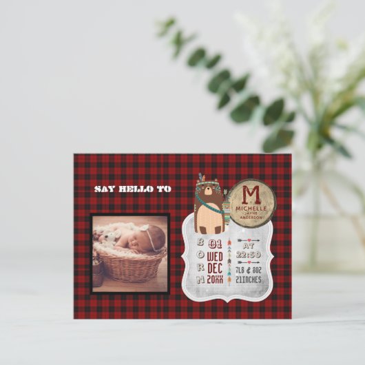 BABY STATISTIEKEN FOTO AANKONDIGING Buffalo Plaid Briefkaart (Staand voorkant)