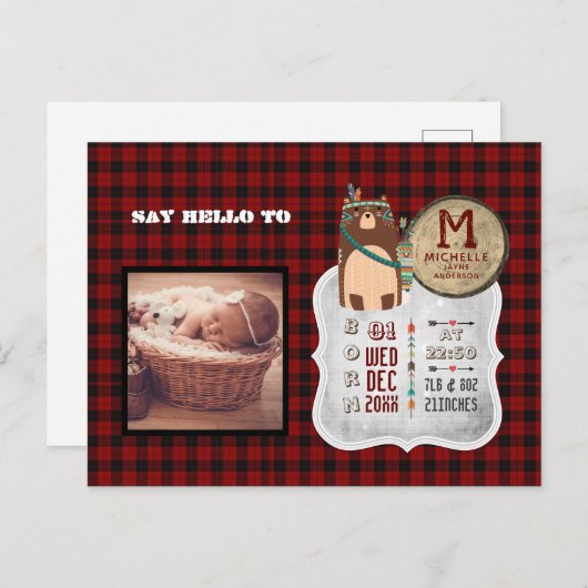 BABY STATISTIEKEN FOTO AANKONDIGING Buffalo Plaid  Briefkaart (Voorkant / Achterkant)