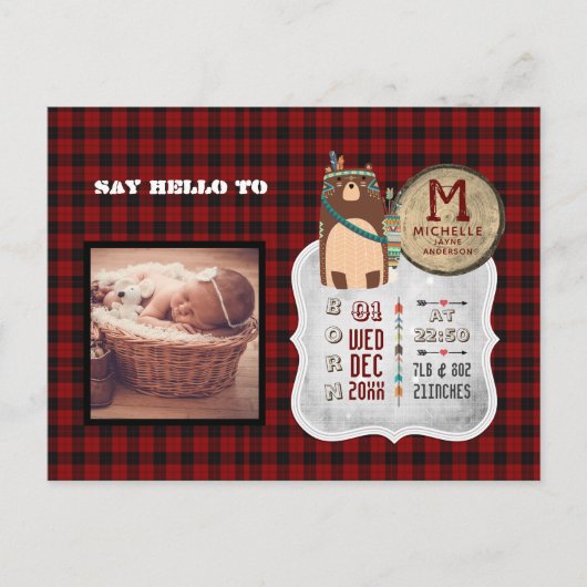 BABY STATISTIEKEN FOTO AANKONDIGING Buffalo Plaid  Briefkaart (Voorkant)