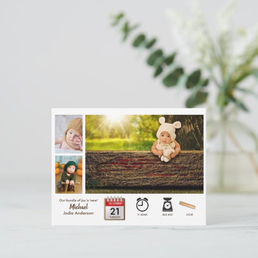 BABY STATISTIEKEN Fotocollage Aankondiging Moderne Briefkaart (Staand voorkant)