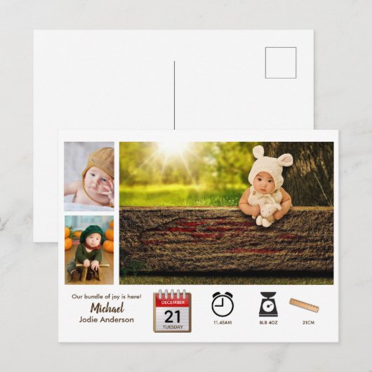 BABY STATISTIEKEN Fotocollage Aankondiging Moderne Briefkaart (Voorkant / Achterkant)