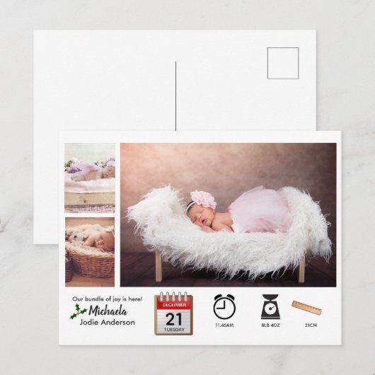 BABY STATISTIEKEN ICONEN en FOTO KERST Geboorteaan Briefkaart (Voorkant / Achterkant)