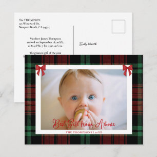 Baby Statistieken Rode Strik Elegante Plaid Foto K Feestdagenkaart