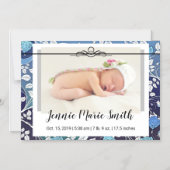 Baby Stats Aankondiging Blauwe Bloemen Fancy Scrip (Voorkant)