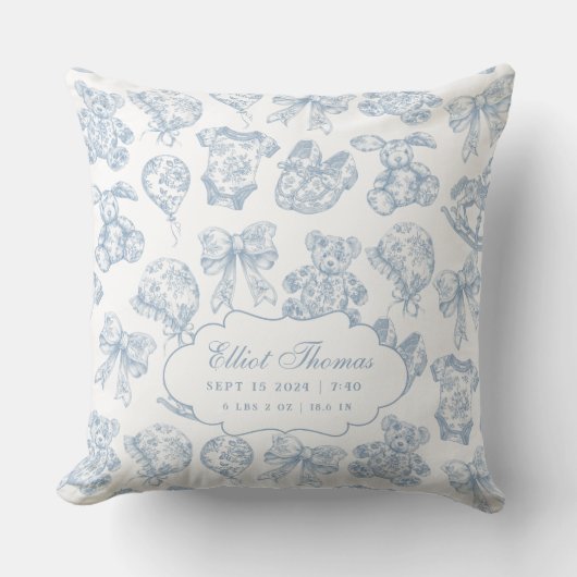 Baby Stats Blue Toile Nursery Kussen (Voorkant)