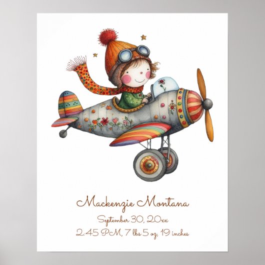 Baby Stats Child Flying Plane Kwekerij Kunstwerk Poster (Voorkant)