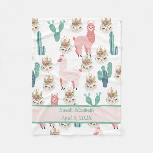 Baby Stats Cute Pink Llama's and Green Cactus Baby Fleece Deken (Voorkant)