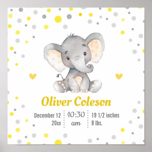 Baby Stats Elephant Yellow Grey Polka Dot Nursery Poster (Voorkant)
