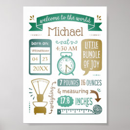 Baby Stats Geboorteaankondiging Tan Teal Turquoise Poster