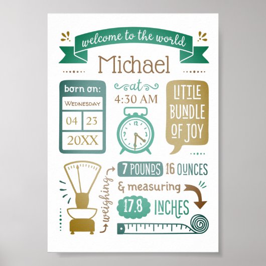 Baby Stats Geboorteaankondiging Tan Teal Turquoise Poster (Voorkant)