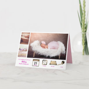 Baby STATS GIRL'S BIRTH ANNOUNCEMENT FOTO COLLAGE Kaart