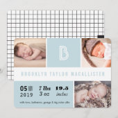 Baby Stats Monogram Blauwe Kleur Blokken Foto Gebo Aankondiging (Voorkant / Achterkant)