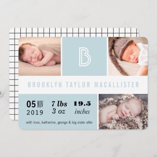 Baby Stats Monogram Blauwe Kleur Blokken Foto Gebo Aankondiging (Voorkant / Achterkant)