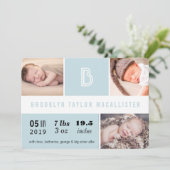 Baby Stats Monogram Blauwe Kleur Blokken Foto Gebo Aankondiging (Staand voorkant)