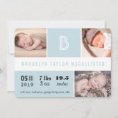 Baby Stats Monogram Blauwe Kleur Blokken Foto Gebo Aankondiging (Voorkant)