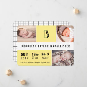 Baby Stats Monogram Geel Kleurblok Foto Geboorte Aankondiging