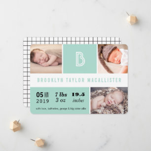 Baby Stats Monogram Groen Kleurenblok Foto Geboort Aankondiging