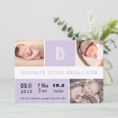Baby Stats Monogram Paarse kleur Blok Foto Geboort Aankondiging (Staand voorkant)