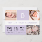 Baby Stats Monogram Paarse kleur Blok Foto Geboort Aankondiging (Voorkant)