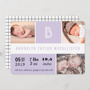 Baby Stats Monogram Paarse kleur Blok Foto Geboort Aankondiging