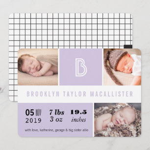 Baby Stats Monogram Paarse Kleurblok Foto Geboorte Aankondiging