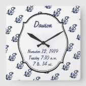 Baby Stats Nautical Navy Anchor Pattern Vierkante Klok (Voorkant)
