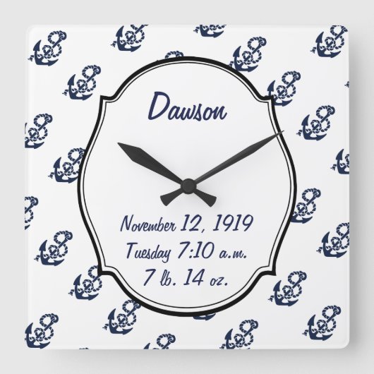 Baby Stats Nautical Navy Anchor Pattern Vierkante Klok (Voorkant)