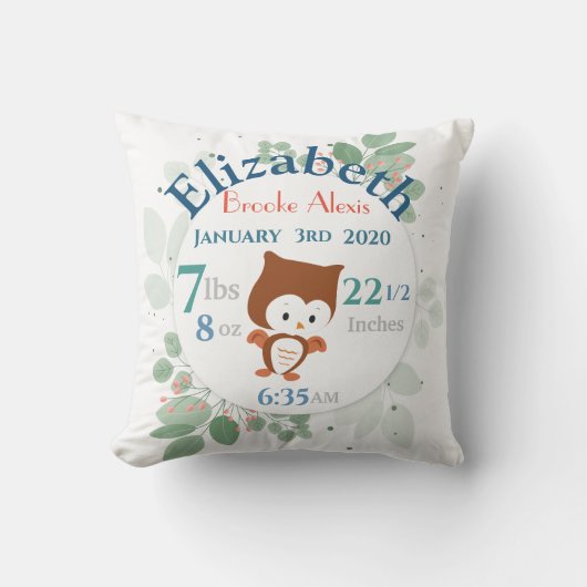 Baby Stats with Owl and Green Leaves Border Kussen (Voorkant)