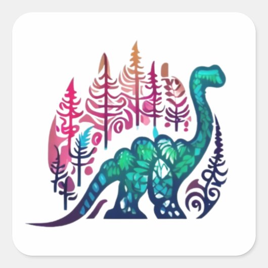 Baby Stegosaurus Dinosaur Kleurrijk Bos Vierkante Sticker (Voorkant)