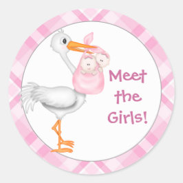 Baby Stork & Twin Girls Ronde Sticker