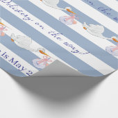 Baby Stork Wrapping Paper Blue & White Stripe  Cadeaupapier (Hoek)