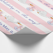 Baby Stork Wrapping Paper Pink & White Stripe Cadeaupapier (Hoek)