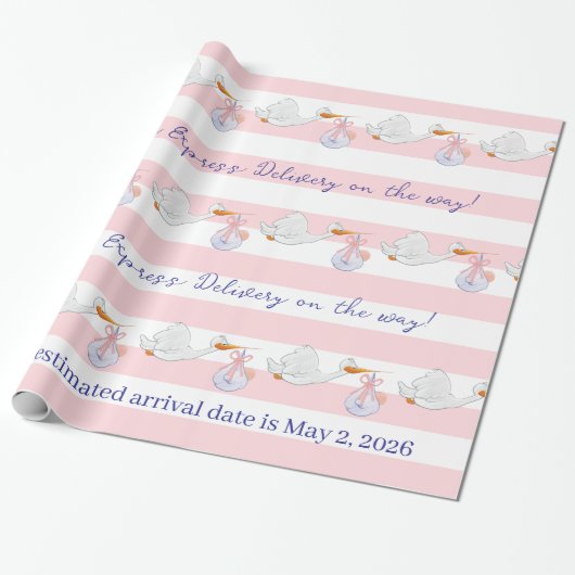 Baby Stork Wrapping Paper Pink & White Stripe Cadeaupapier (Uitgerold)