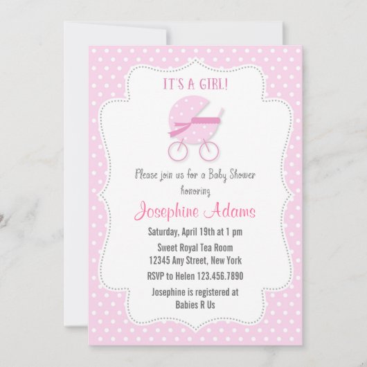 Baby Stroller Baby shower Invitation Pink Kaart (Voorkant)