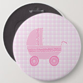 Baby Stroller. Licht roze op Roze Gingham. Ronde Button 6,0 Cm (Voorkant /achterkant)