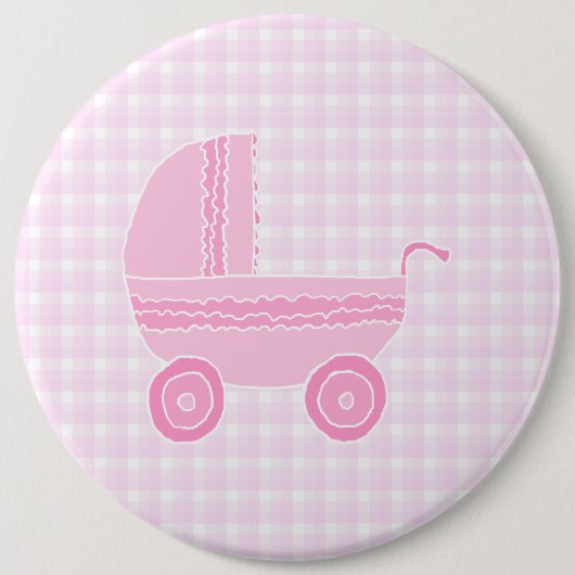 Baby Stroller. Licht roze op Roze Gingham. Ronde Button 6,0 Cm (Voorkant)