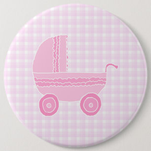 Baby Stroller. Licht roze op Roze Gingham. Ronde Button 6,0 Cm