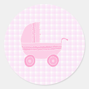 Baby Stroller. Licht roze op Roze Gingham. Ronde Sticker